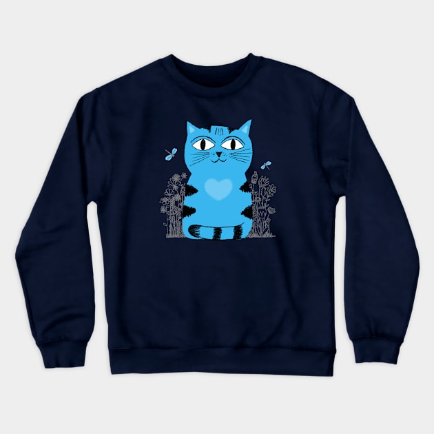 Bright Eyed Blue Kitty With Big Heart In The Garden Crewneck Sweatshirt by LittleBunnySunshine